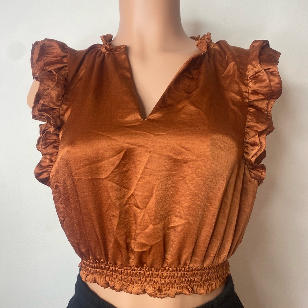 Steve Madden Prairie Dreams Rust Bronze satin ruffle blouse Small